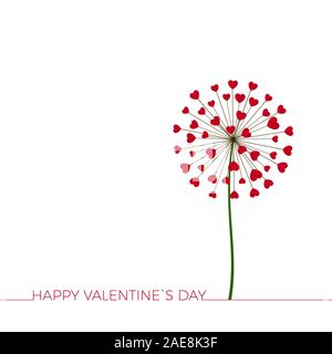 Dandelion with hearts. Happy Valentine`s day greeting card. Lovely romance flower. Congratulation with Love. Vector Stock Vector